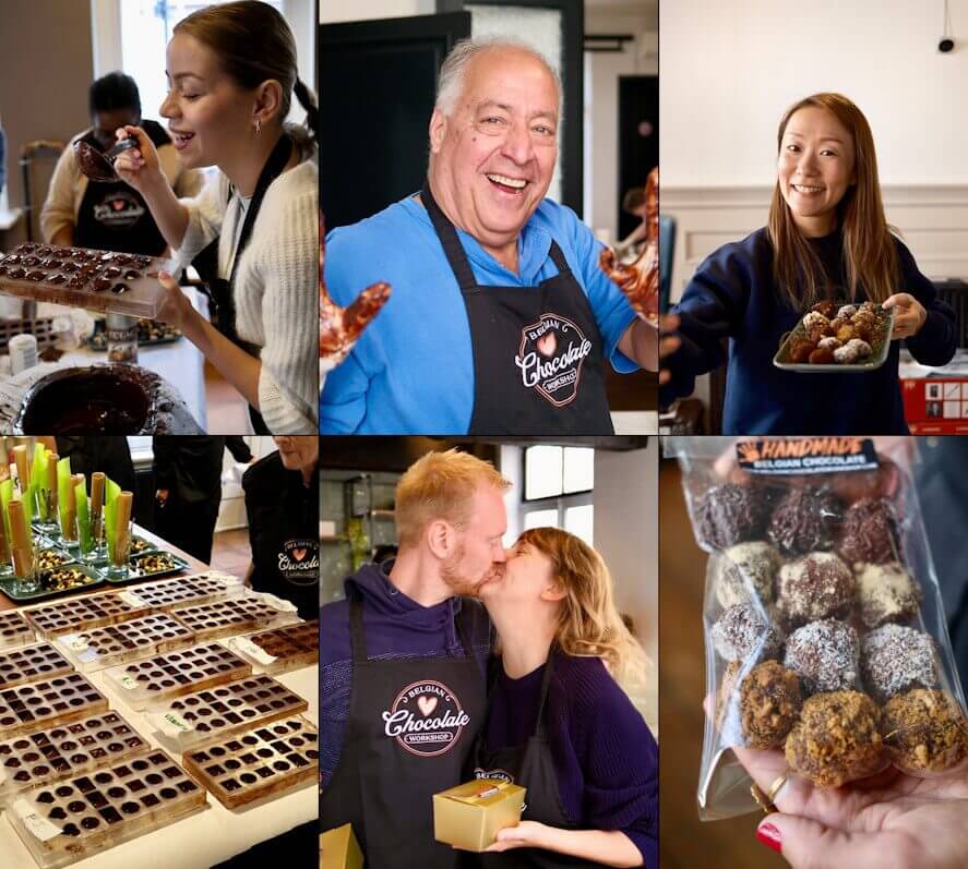 different people taking a private chocolate making class in Brussels and Bruges in Belgium